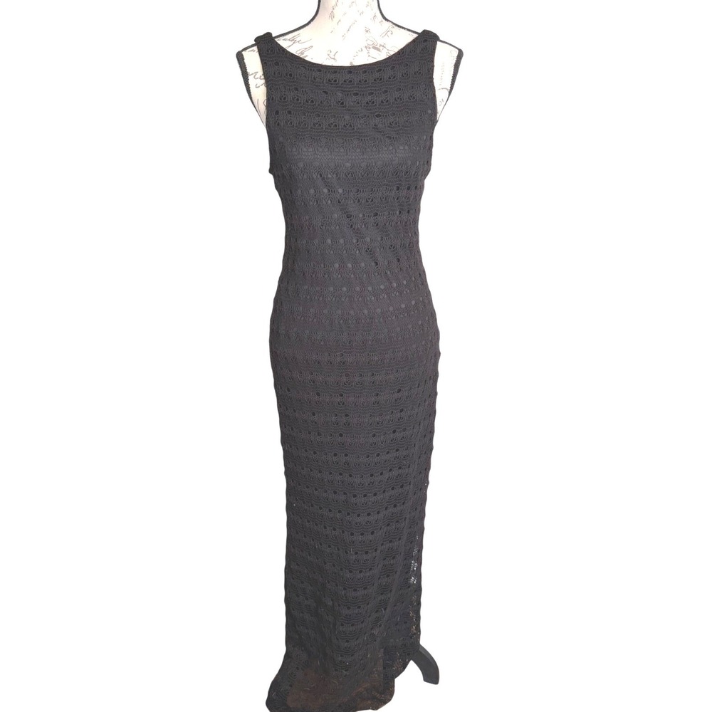 Fabrik Black Crochet Maxi Dress Sleeveless Deep Scoop Back Large NWT Boho Beach